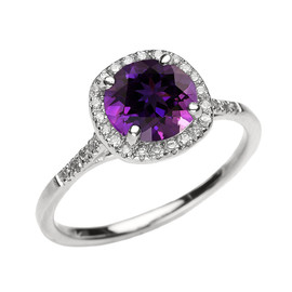 White Gold Halo Diamond and Genuine Amethyst Dainty Engagement Proposal Ring