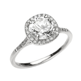 White Gold Halo Diamond and Genuine White Topaz Dainty Engagement Proposal Ring