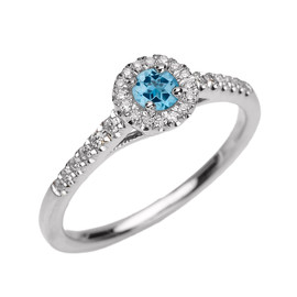 White Gold Diamond and Blue Topaz Dainty Engagement Proposal Ring