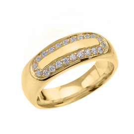 Yellow Gold CZ Accented Men's Comfort Fit Wedding Band Ring