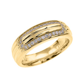 Ribbed Stripe Design Yellow Gold CZ Men's Comfort Fit Wedding Ring