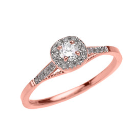 Rose Gold Cushion Shape Halo Diamond Engagement Milgrain Design Ring