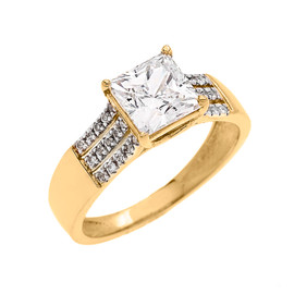 3 Carat Total Weight Cubic Zirconia Princess Cut Center-Stone Yellow Gold Engagement and Proposal Ring (Micro Pave setting)