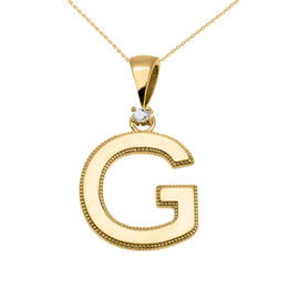 Yellow Gold High Polish Milgrain Solitaire Diamond "G" Initial Pendant Necklace