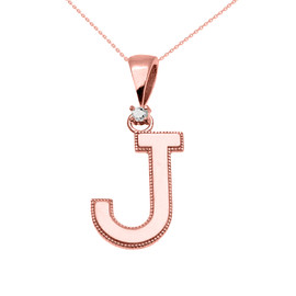 Rose Gold High Polish Milgrain Solitaire Diamond "J" Initial Pendant Necklace