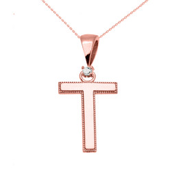 Rose Gold High Polish Milgrain Solitaire Diamond "T" Initial Pendant Necklace