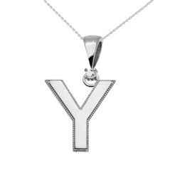 White Gold High Polish Milgrain Solitaire Diamond "Y" Initial Pendant Necklace