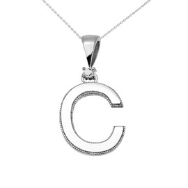 White Gold High Polish Milgrain Solitaire Diamond "C" Initial Pendant Necklace