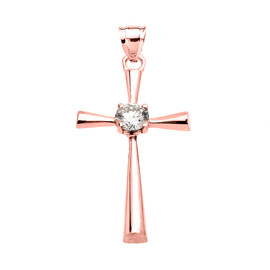 Beautiful Rose Gold Solitaire Cubic Zirconia Cross Dainty Pendant Necklace