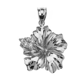 White Gold Caribbean Hibiscus (Malvaceae) Diamond Pendant Necklace