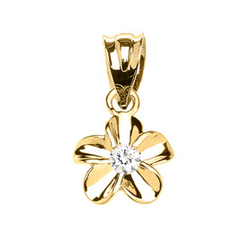 Delicate Yellow Gold Hawaiian Plumeria Cubic Zirconia Charm Pendant Necklace