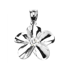 Sterling Silver Hawaiian Plumeria Cubic Zirconia Pendant Necklace