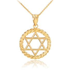 Gold Jewish Star of David in Circle Rope Pendant Necklace