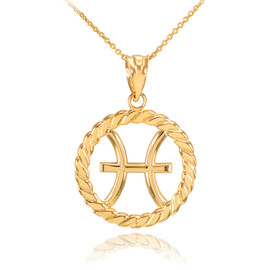 Gold Pisces Zodiac Sign in Circle Rope Pendant Necklace
