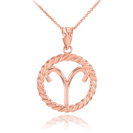 Rose Gold Aries Zodiac Sign in Circle Rope Pendant Necklace