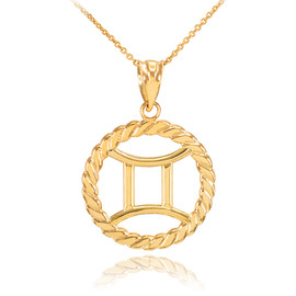 Gold Gemini Zodiac Sign in Circle Rope Pendant Necklace
