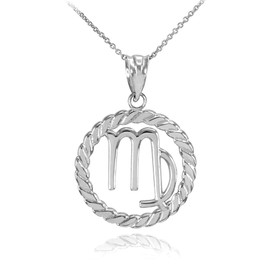 White Gold Virgo Zodiac Sign in Circle Rope Pendant Necklace