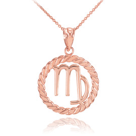 Rose Gold Virgo Zodiac Sign in Circle Rope Pendant Necklace