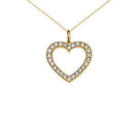 14k Yellow Gold Open Heart  Diamond Dainty Pendant Necklace