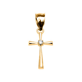 Yellow Gold Solitaire Diamond Cross Dainty Pendant Necklace