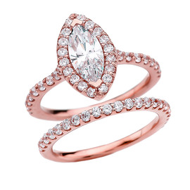 Cubic Zirconia Marquise Solitaire Elegant Rose Gold Engagement Wedding Ring Set