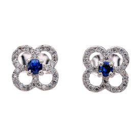 Diamond and Sapphire 4 Leaf Clover White Gold Stud Earrings