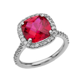 Halo Cushion 5 Ct Checkerboard Ruby(LCR) and Diamond White Gold Engagement and Proposal/Promise Ring
