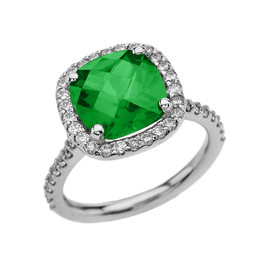 Halo Cushion 3 Ct Checkerboard Emerald(LCE) and Diamond White Gold Engagement and Proposal/Promise Ring