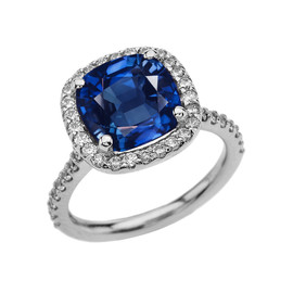 Halo Cushion 4 Ct Checkerboard Sapphire(LCS) and Diamond White Gold Engagement and Proposal/Promise Ring