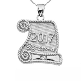 White Gold Class of 2017 Graduation Diploma With Cubic Zirconia Pendant Necklace