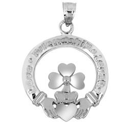 Claddagh Pendant with Clover Leaf in White Gold at CladdaghGold.com