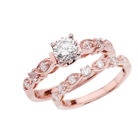 Rose Gold Diamond Wedding Ring Set With White Topaz Center Stone