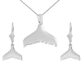 14K White Gold Whale Tail Necklace Earring Set