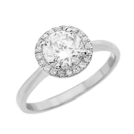 White Gold Diamond Round Halo Engagement/Proposal Ring With White Topaz Center Stone