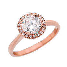 Rose Gold Diamond Round Halo Engagement/Proposal Ring With White Topaz Center Stone