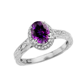 White Gold Art Deco Halo Diamond With Amethyst Engagement/Proposal Ring