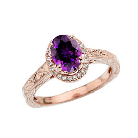 Rose Gold Art Deco Halo Diamond With Amethyst Engagement/Proposal Ring