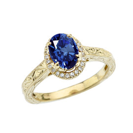 Yellow Gold Art Deco Halo Diamond With Sapphire(LCS) Engagement/Proposal Ring