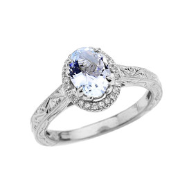 White Gold Art Deco Halo Diamond With Aquamarine Engagement/Proposal Ring