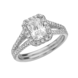 White Gold Emerald Cut Halo Bridal Rings