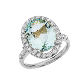 White Gold Elegant Aquamarine and Halo Diamond Cocktail Ring