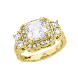 Yellow Gold Princess Cut Diamond Halo Bridal Ring With Center Stone Cubic Zirconia