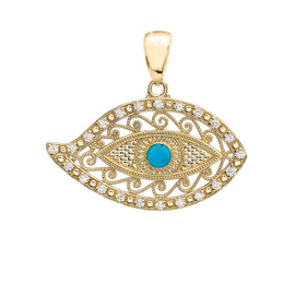 Yellow Gold Evil Eye Cubic Zirconia Pendant Necklace With Turquoise Center Stone