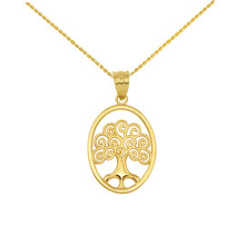 Yellow Gold Tree of Life Filigree Swirl Celtic Pendant Necklace