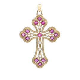 Yellow Gold Fancy Cross Pendant Necklace With Gemstone and Diamonds