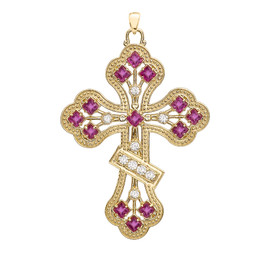 Yellow Gold Fancy Cross Diamond Pendant Necklace With Gemstone