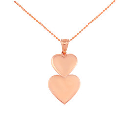Solid Rose Gold Two Stacked Hearts Love Pendant Necklace