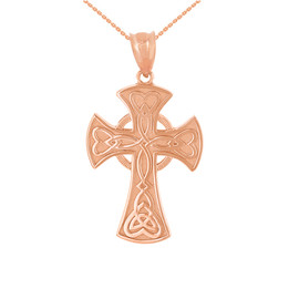 Solid Rose Gold Celtic Knot Halo Cross Woven Hearts Pendant Necklace