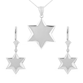 14K Solid White Gold Star Pendant Necklace Earring Set