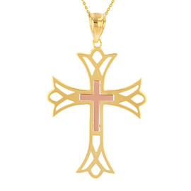 Two Tone Solid Yellow & Rose Gold Layered Cutout Cross Pendant Necklace  (1.82")